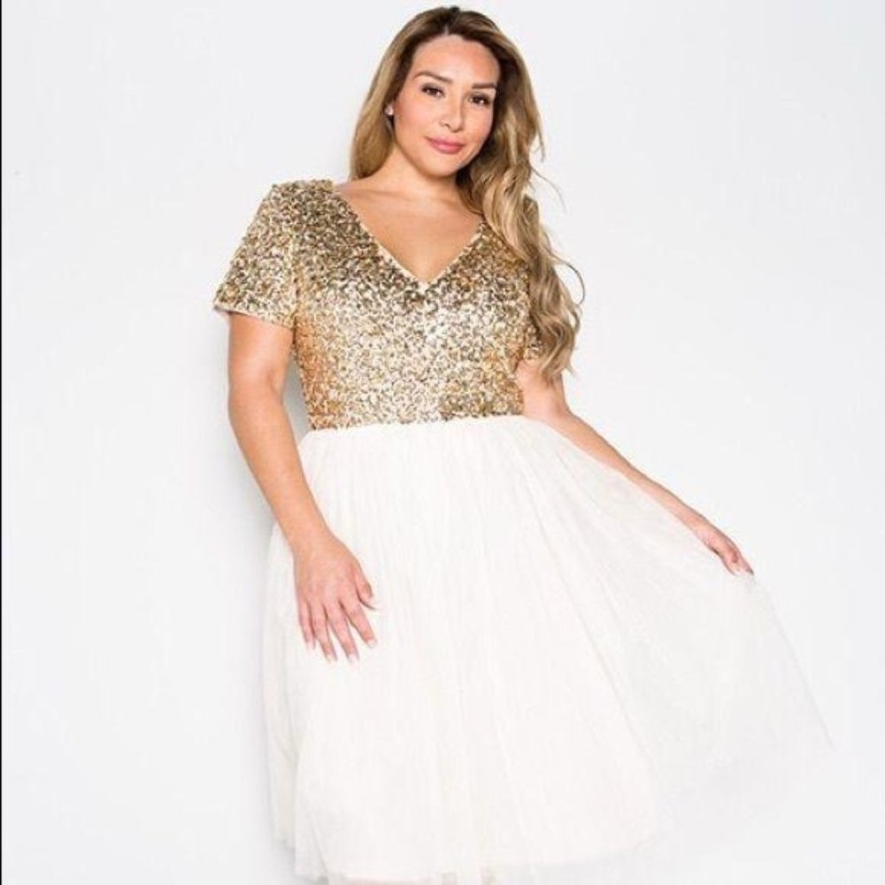 Maniju Gold Sequin Tule Dress Plus Size 1X